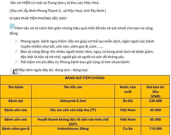 Giá dịch vụ tiêm ngừa